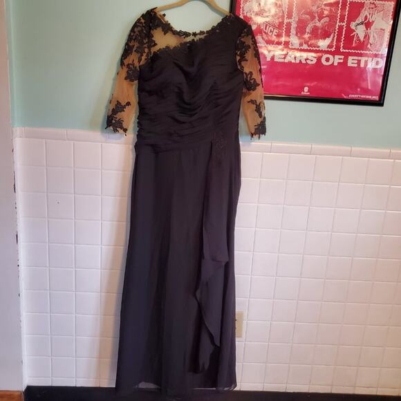 Vintage 90s Y2K Black Illusion Floral Bodycon Maxi Dress Size 14 Goth Glam - Picture 5 of 14